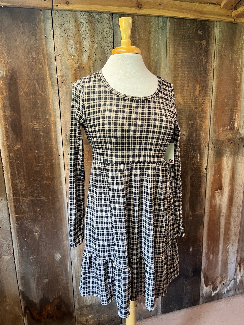 NWT Plaid Long Sleeve Black & Tan Tier Babydoll Dress Grunge 90s Women's Small